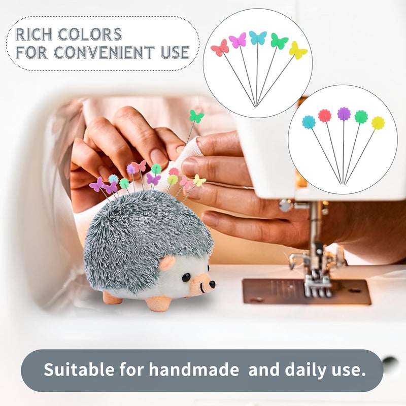 FTEVEN 200 Pieces Flat Head Straight Pins Hedgehog Pincushion Kit, Big Pincushion with Clear Storage Box and Quilting Pins, Colorful Head Straight Sewing Pins for Handicrafts DIY Sewing - Image 5